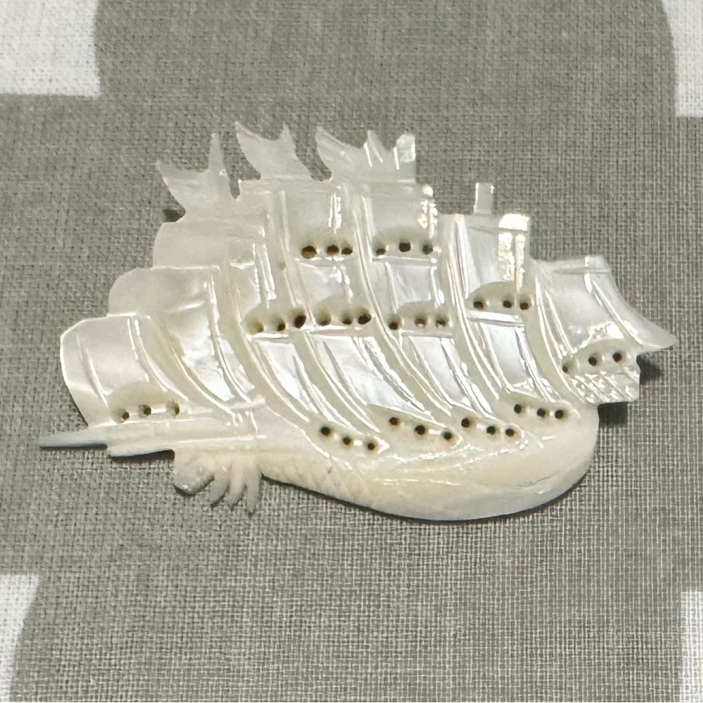 Intricately Carved Mother of Pearl Tall Ship Brooch